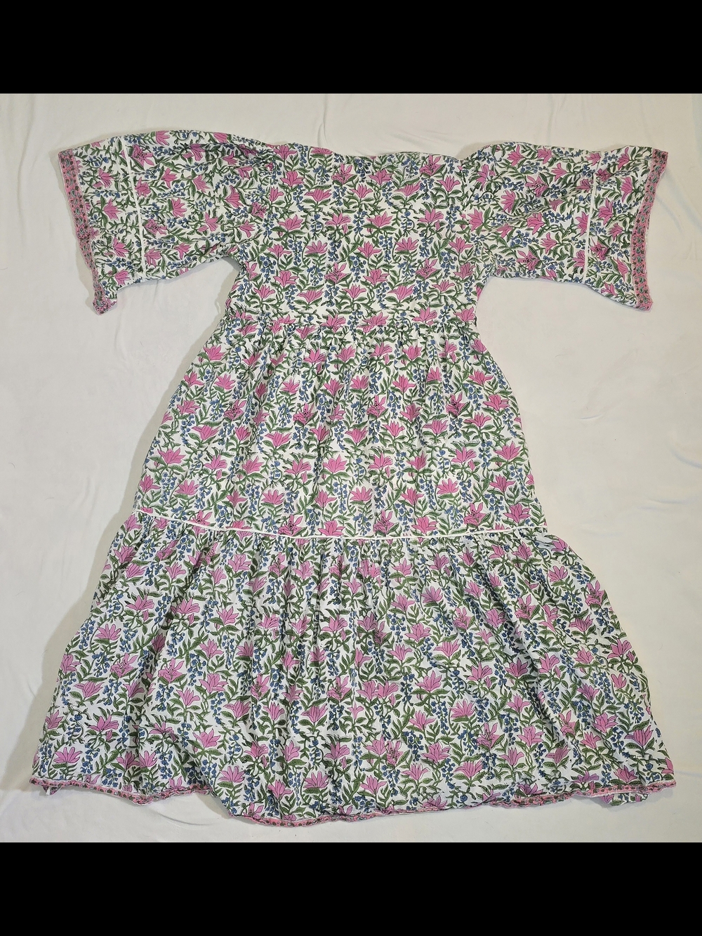 ​Sue Sartor Hand Block Print Flounce Dress Floral Palm Beach - Picture 3 of 6